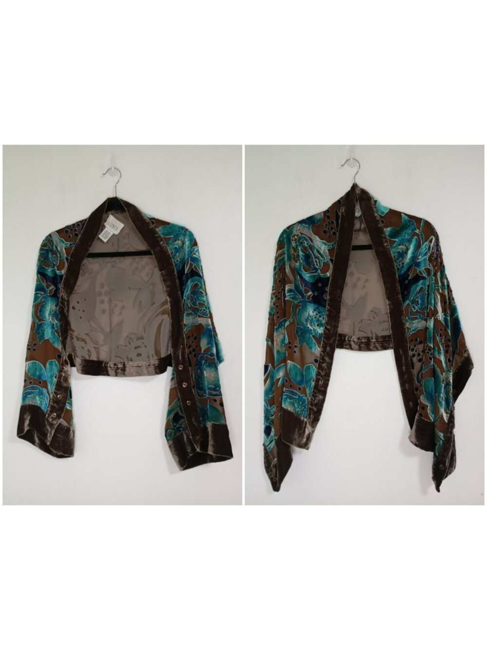 Floral Burnout Kimono Jacket Lizden One Size Brown & Teal Open Front Rayon blend